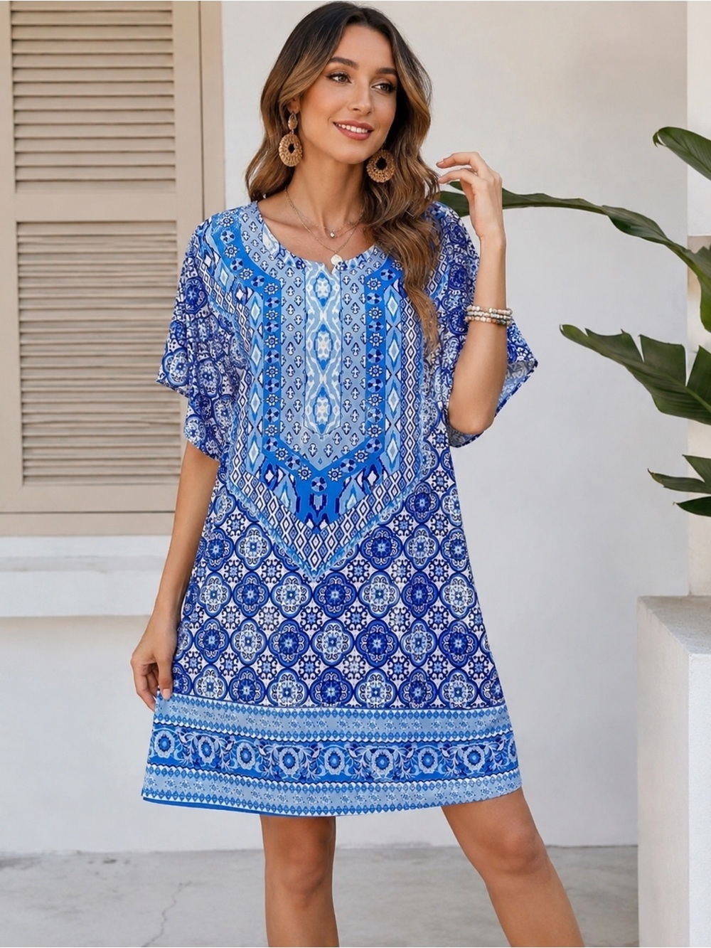 Urban Coco Blue Boho Mosaic Print Tunic Blouse Size S